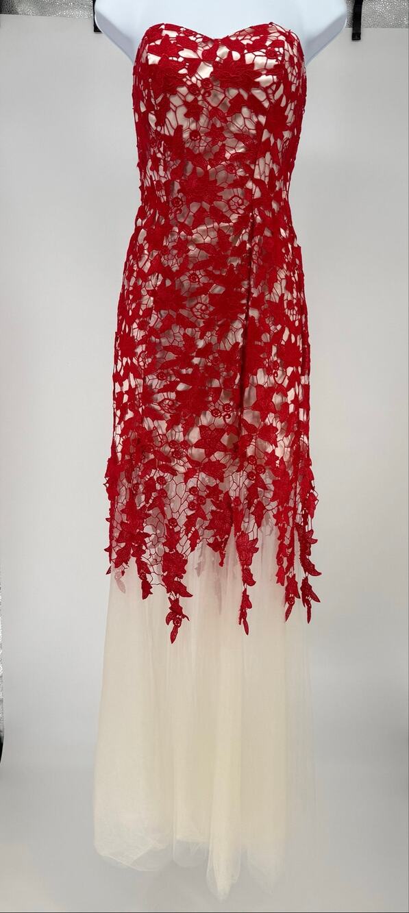 Grace Karin Size 2 Red Lace Ivory Corset Maxi Gown Strapless Prom Formal Dress